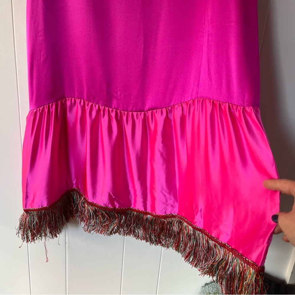NWT Vintage Petro Zillia Fuchsia 100% Silk Ruffle Fringe drawstring skirt Pink - Picture 7 of 11